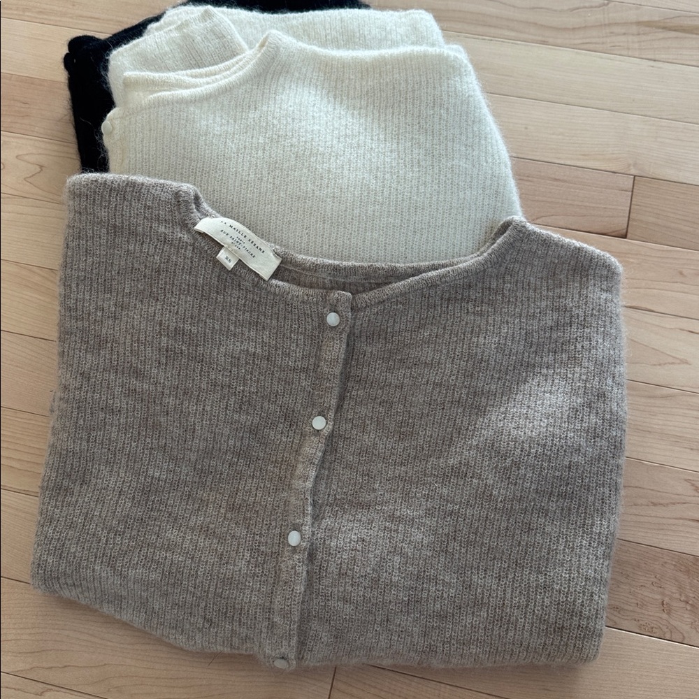 Sezane Neutral Ribbed Button Cardigan Set in Taupe, Cream & Black